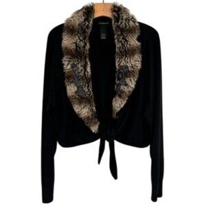 Lane Bryant Womens Faux Fur Trim Cardigan sweater Beaded Detail Size 22/24 Black